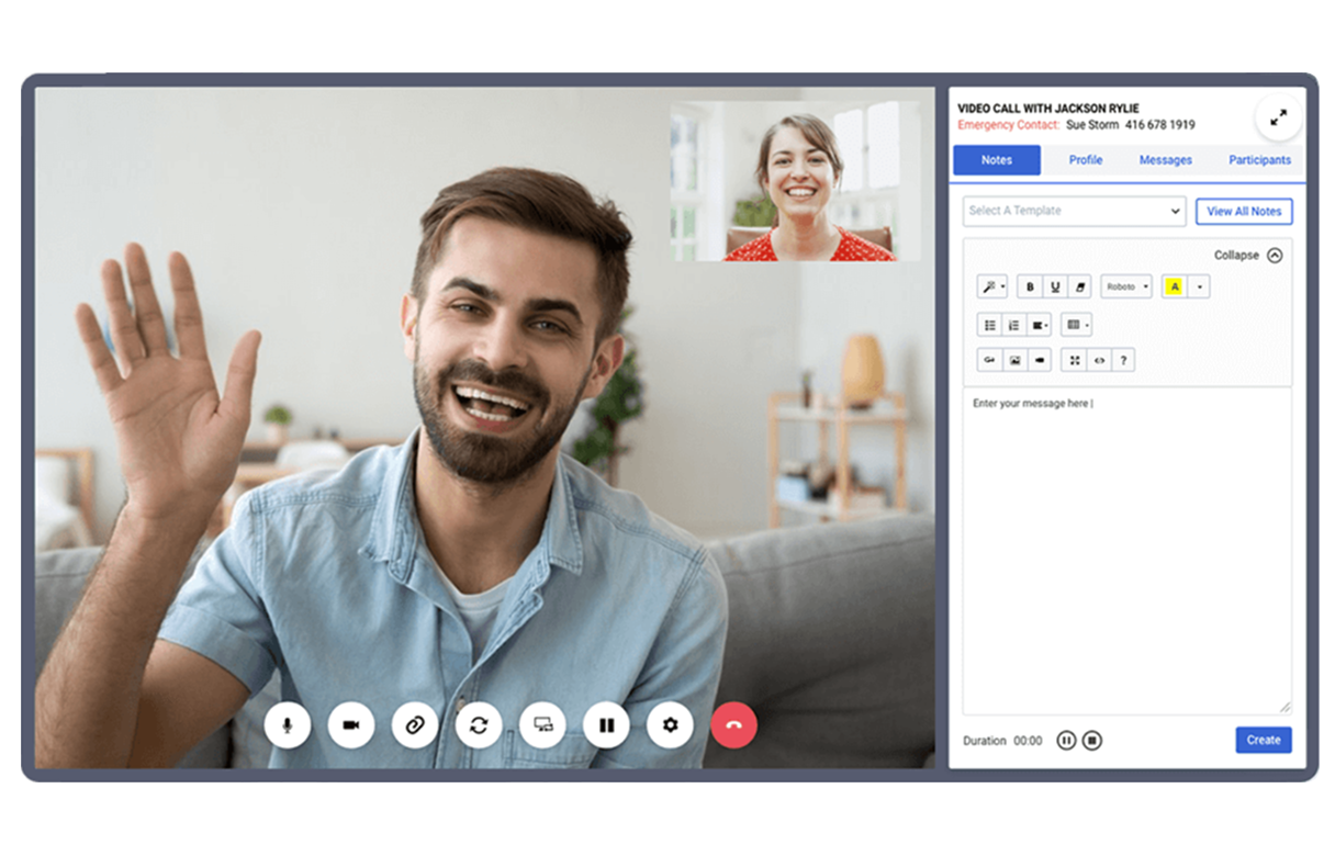 The virtual conferencing interface with the patient note panel visible, allowing practitioners to write notes and look at their patients simultaneously.